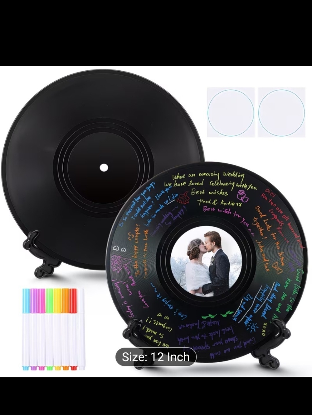 Black Vinyl Record Guest Book with Multicolor Markers - Wedding Sign-In